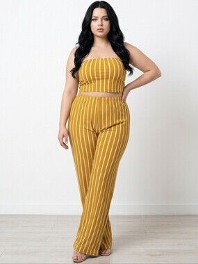 NWT Capella Golden Mustard Bodycon Striped Tube Top and Pants Set ~3X